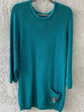 Vintage 80s Teal Embroidered Tunic Sweater | Grannycore Natural Cotton Ramie Med